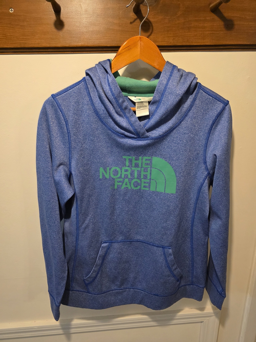 The North Face Women's Blue Pullover Hoodie with Green Logo